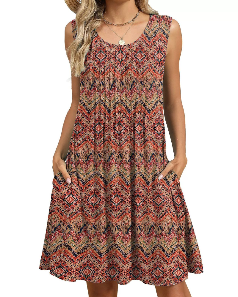 Robe Midi Florale Avery Femme – Coupe A, Sans Manches, Plis et Poches