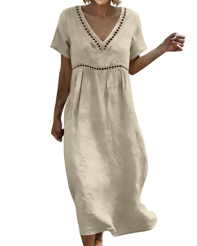 Victoria Vestito Maxi Donna – Cotone e Lino, Scollo a V e Manica 3/4