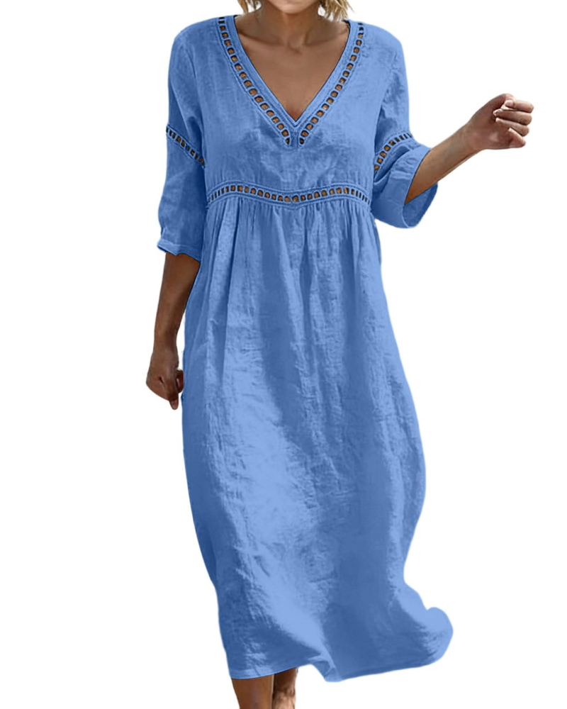 Victoria Vestido Maxi Mujer – Algodón y Lino, Cuello en V y Manga 3/4