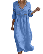 Victoria Vestido Maxi Mujer – Algodón y Lino, Cuello en V y Manga 3/4