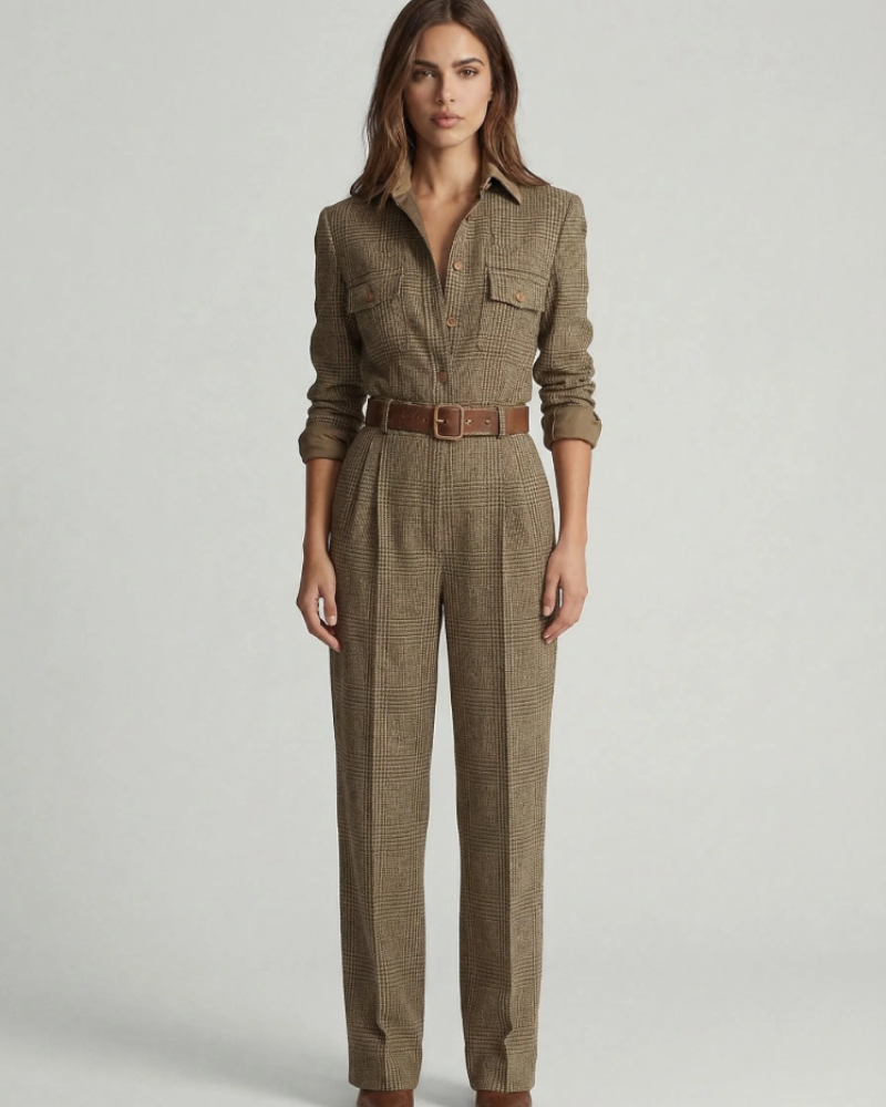 Bridget Mono de Cuadros Mujer – Cinturón, Bolsillos y Pantalón de Pierna Ancha