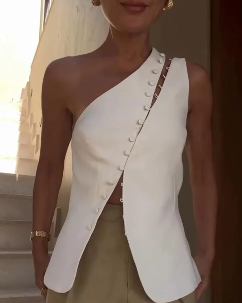 Kendall Top Asimétrico Mujer – Un Hombro, Botones Decorativos y Corte Entallado