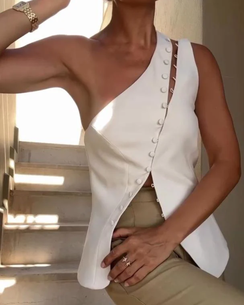Kendall Top Asimétrico Mujer – Un Hombro, Botones Decorativos y Corte Entallado