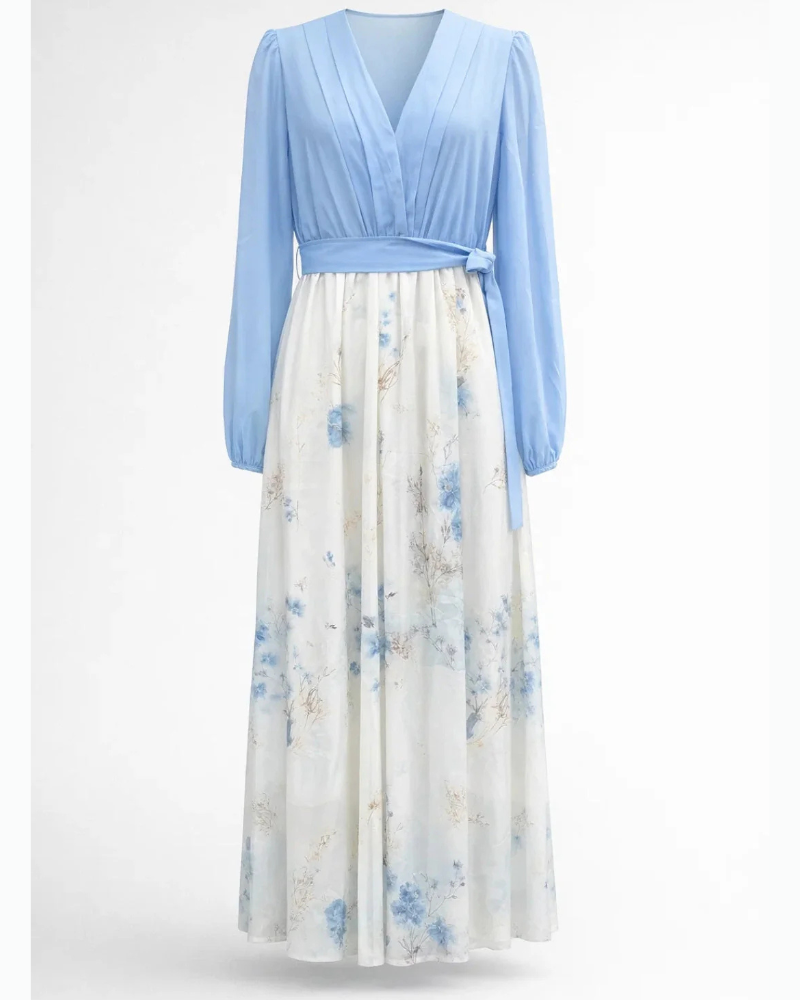 Isadora Vestido Maxi para Mujer – Vestido Floral Elegante con Escote en V y Mangas Largas Transparentes