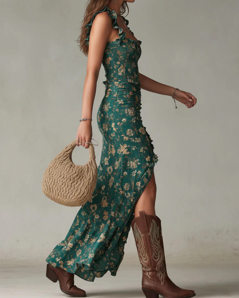 Josephine Vestido Maxi Boho Mujer – Corte A, Abertura Alta y Puños Fruncidos