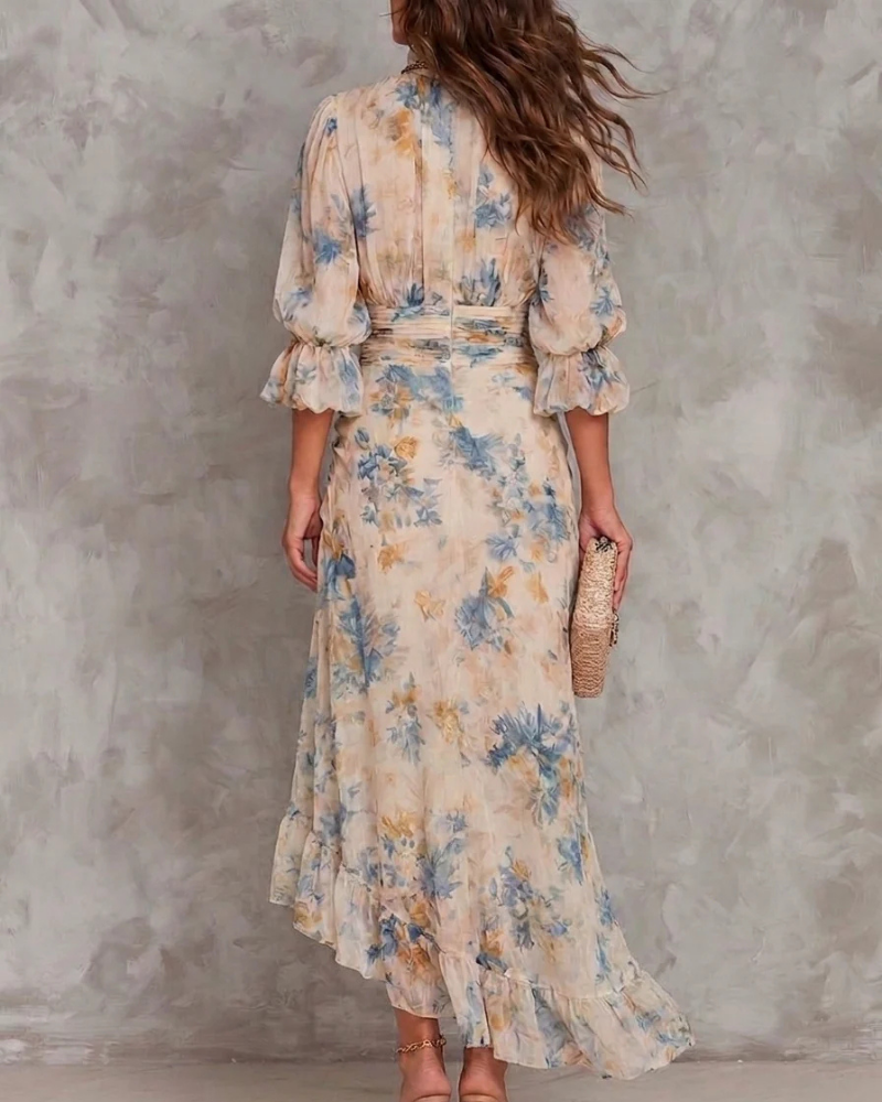 Felicity Vestido Maxi Floral Mujer – Cuerpo Fruncido, Volantes y Mangas Abullonadas