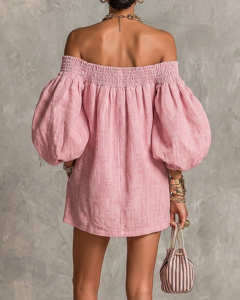 Paisley Vestido Mini Mujer – Hombros Descubiertos, Mangas Farol y Corte A