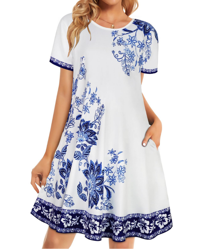 Nora Vestido Camiseta Mujer – Manga Corta con Bolsillos y Corte Fluido