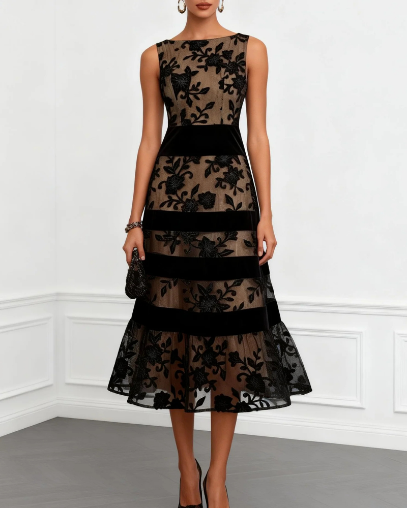 Victoria Vestido de Cóctel Mujer – Vestido Midi de Corte A con Flores 3D y Escote Barco