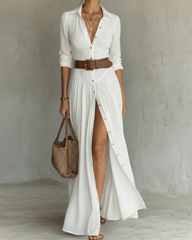 Catherine Vestido Maxi de Algodón Mujer – Falda Plisada, Escote en V y Manga Larga