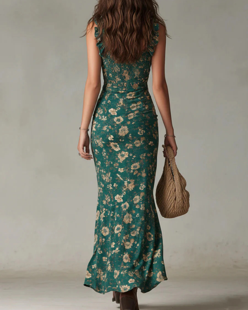 Josephine Vestido Maxi Boho Mujer – Corte A, Abertura Alta y Puños Fruncidos