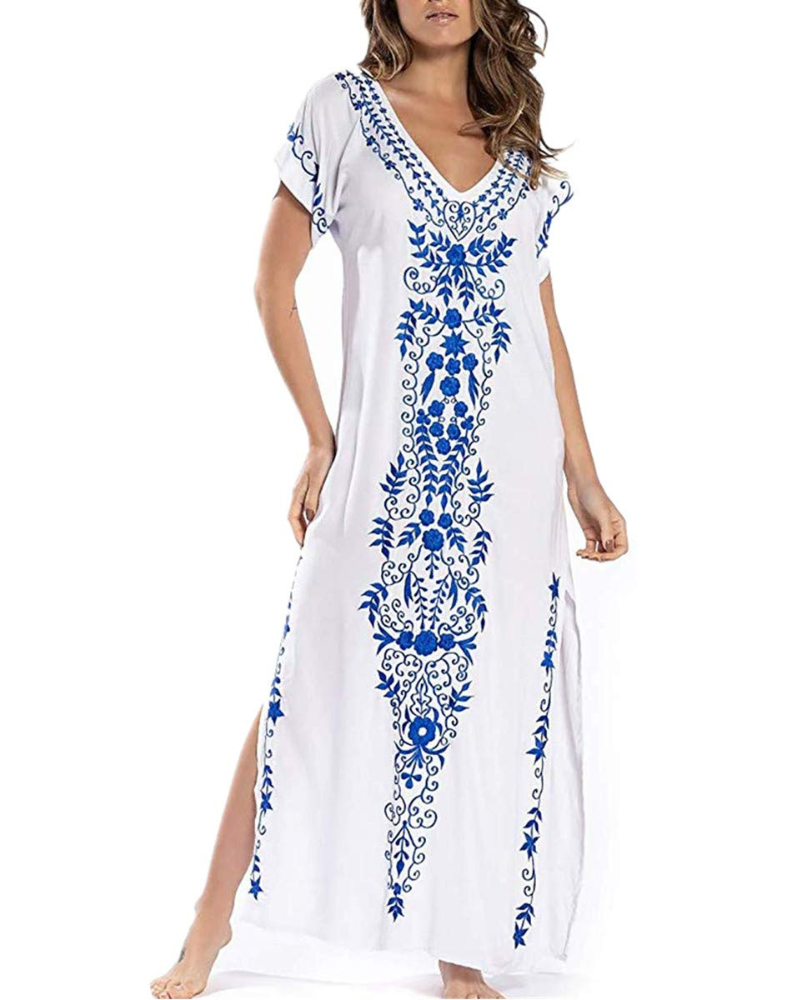 Bella Vestido Cover-Up Mujer – Playa Tropical, Largo Fluido y Escote en V