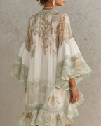Juliette Vestido Mini de Gasa Mujer – Volantes, Cuello Alto y Estampado Barroco