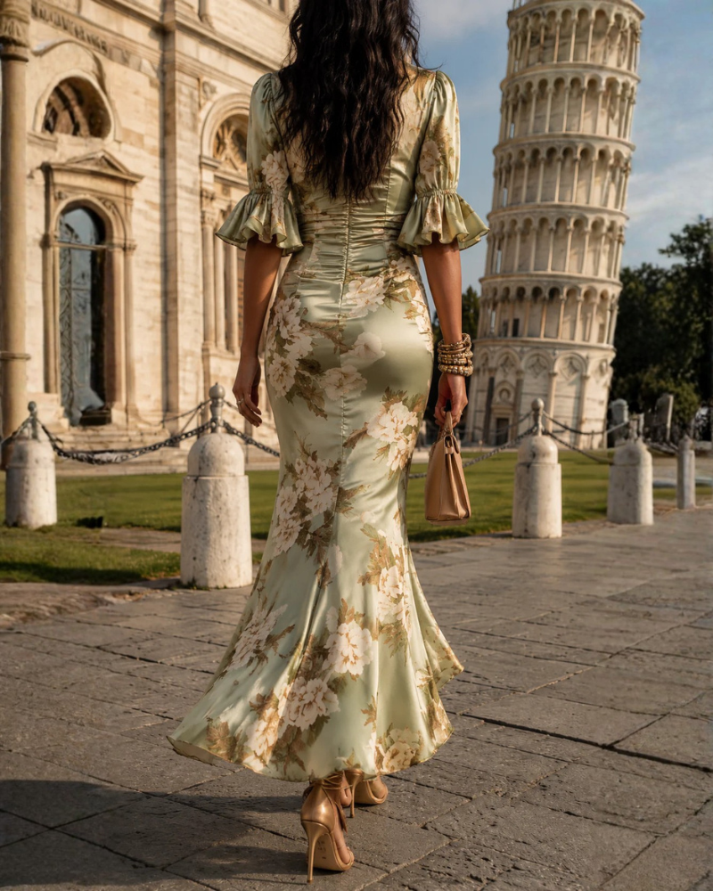 Ainsley Vestido Maxi Estampado Mujer – Escote Cruzado, Volantes y Bajo Asimétrico