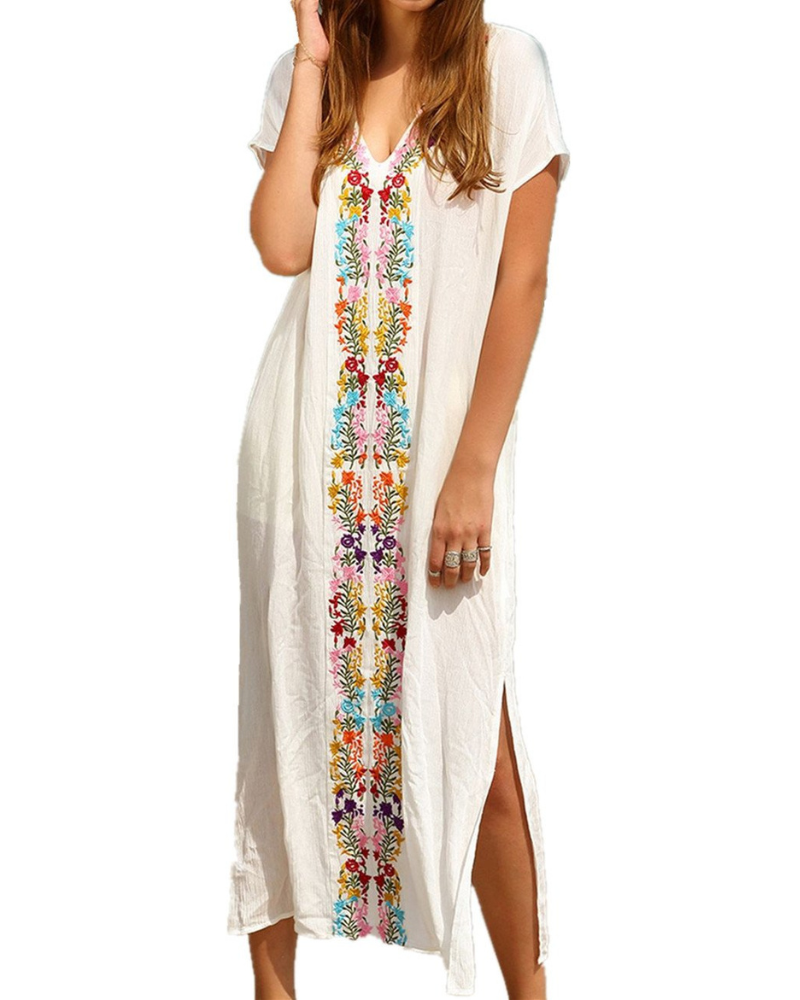 Bella Vestido Cover-Up Mujer – Playa Tropical, Largo Fluido y Escote en V