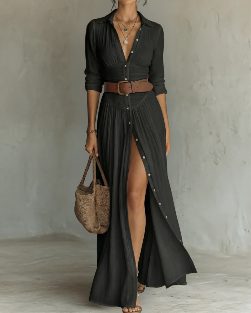 Madeline Vestido Maxi de Algodón Mujer – Falda Plisada, Escote en V y Manga Larga