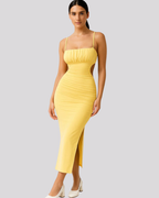 Chelsea Vestido Midi Mujer – Amarillo, Corte Bodycon, Tirantes Finos y Plisado