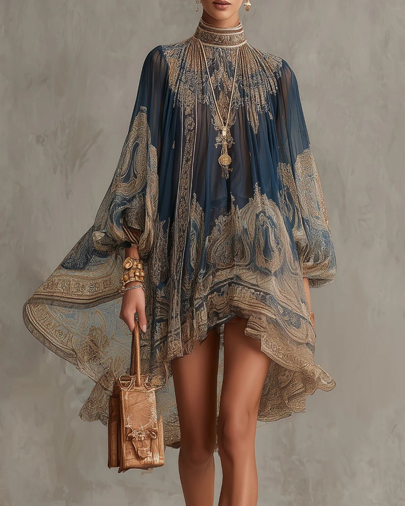 Celeste Vestido Mini de Gasa Mujer – Cuello Alto, Volantes y Estampado Barroco Elegante