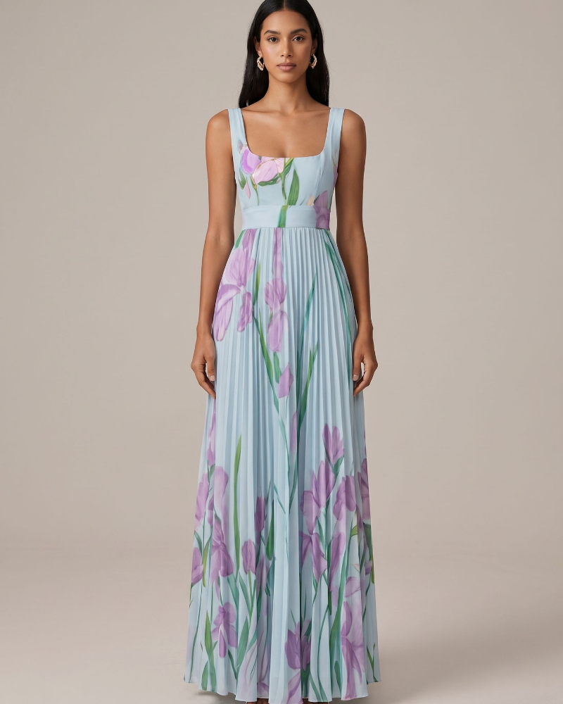Natalie Vestido Maxi Floral Mujer – Falda Plisada y Tejido Ligero