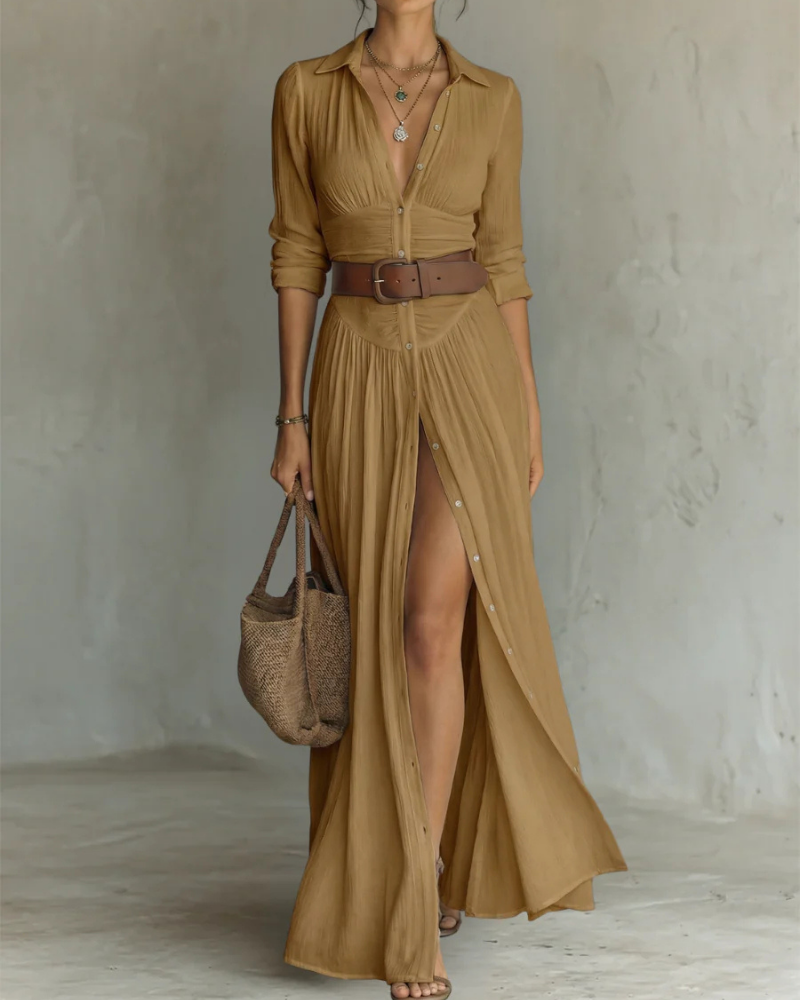 Madeline Vestido Maxi de Algodón Mujer – Falda Plisada, Escote en V y Manga Larga