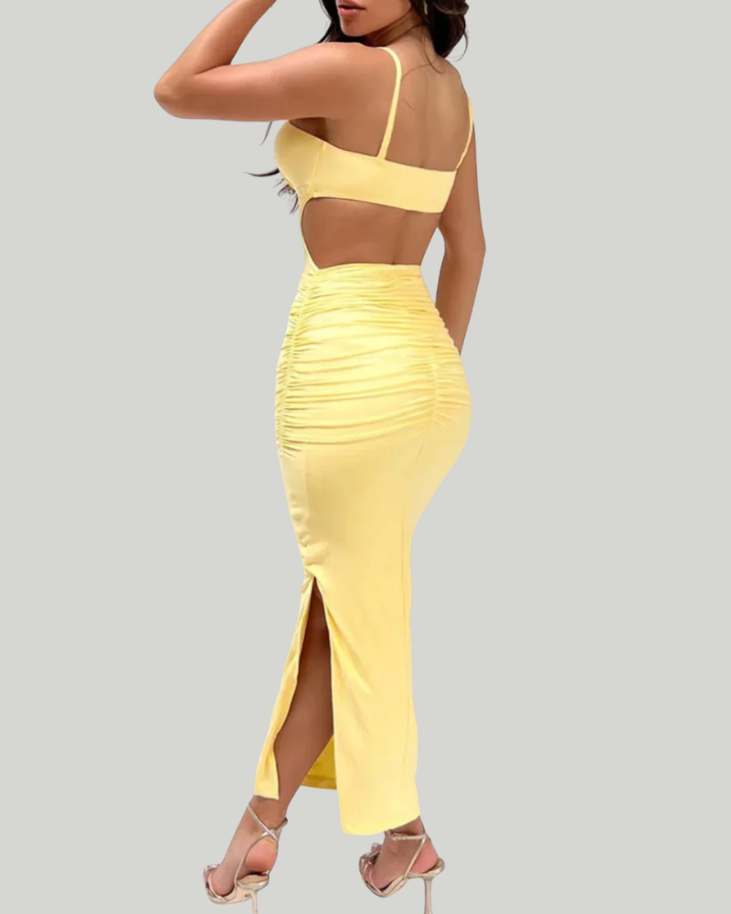 Chelsea Vestido Midi Mujer – Amarillo, Corte Bodycon, Tirantes Finos y Plisado