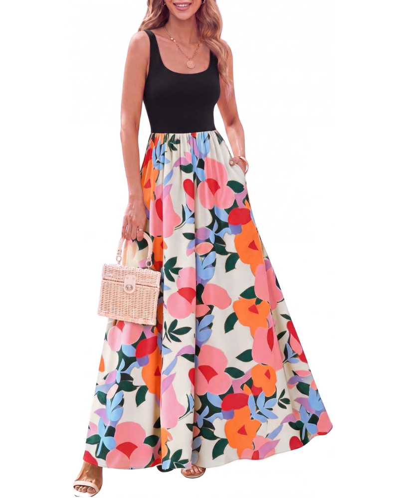 Juliet Vestido Maxi Mujer – Floral Boho, Sin Mangas, Cuello Scoop y Corte Línea A