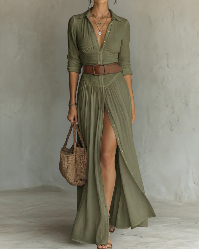 Catherine Vestido Maxi de Algodón Mujer – Falda Plisada, Escote en V y Manga Larga
