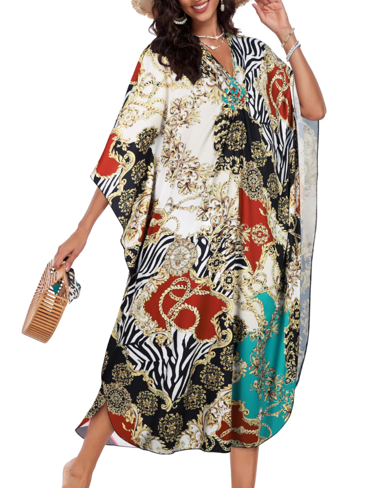 Zara Vestido Kaftán Mujer – Escote en V, Estilo Boho y Cover-Up de Playa