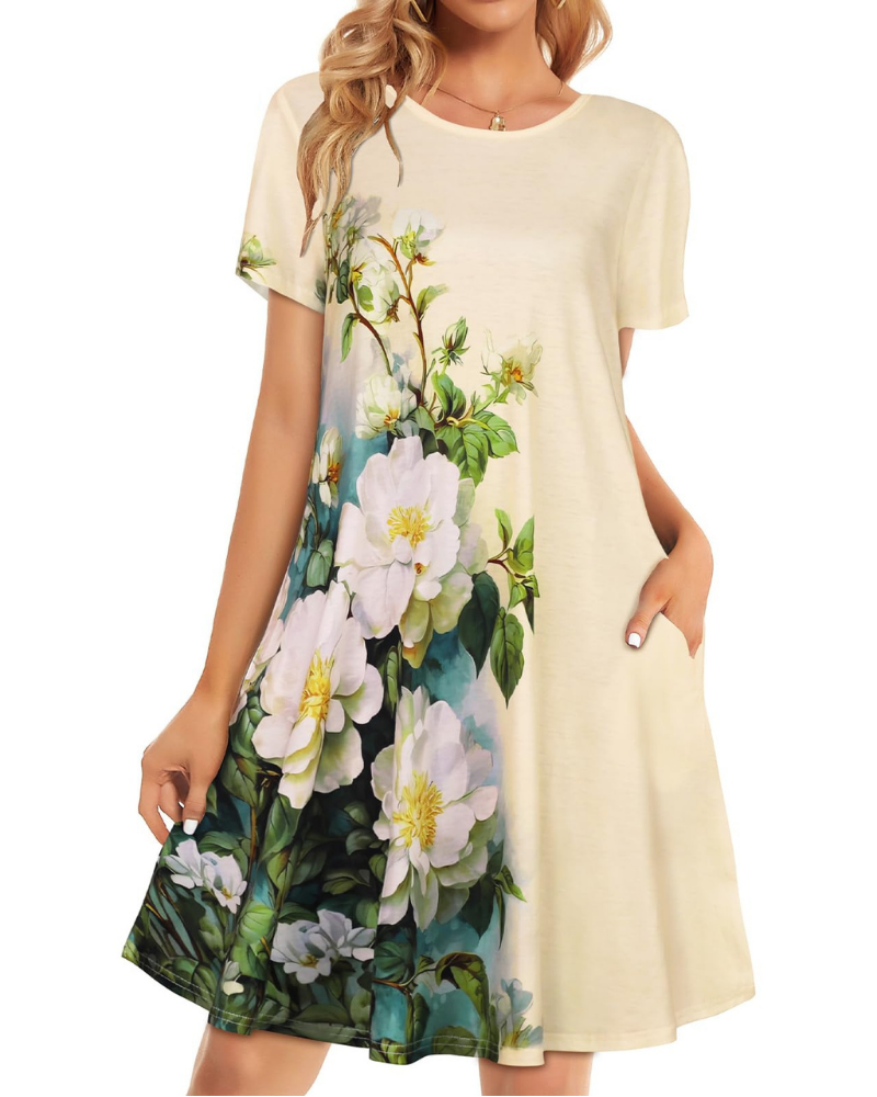 Nora Vestido Camiseta Mujer – Manga Corta con Bolsillos y Corte Fluido