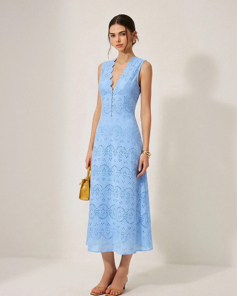 Isla Vestido Maxi de Algodón Mujer – Escote en V, Sin Mangas y Cremallera Oculta