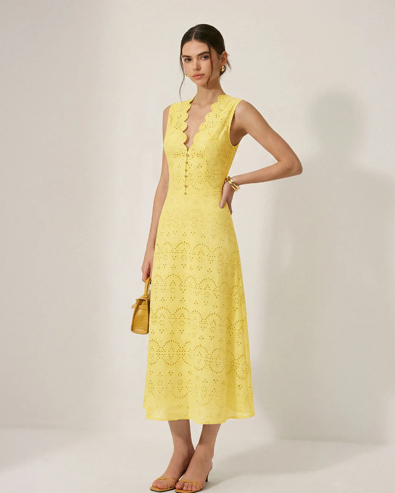 Isla Vestido Maxi de Algodón Mujer – Escote en V, Sin Mangas y Cremallera Oculta