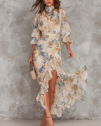 Felicity Vestido Maxi Floral Mujer – Cuerpo Fruncido, Volantes y Mangas Abullonadas