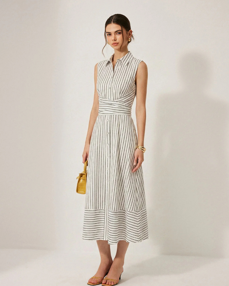 Samantha Vestido Midi de Algodón Mujer – Cuello Alto, Sin Mangas y Corte Entallado