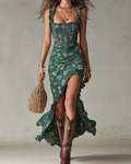 Josephine Vestido Maxi Boho Mujer – Corte A, Abertura Alta y Puños Fruncidos