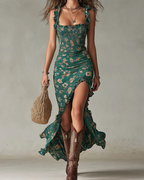 Josephine Vestido Maxi Boho Mujer – Corte A, Abertura Alta y Puños Fruncidos