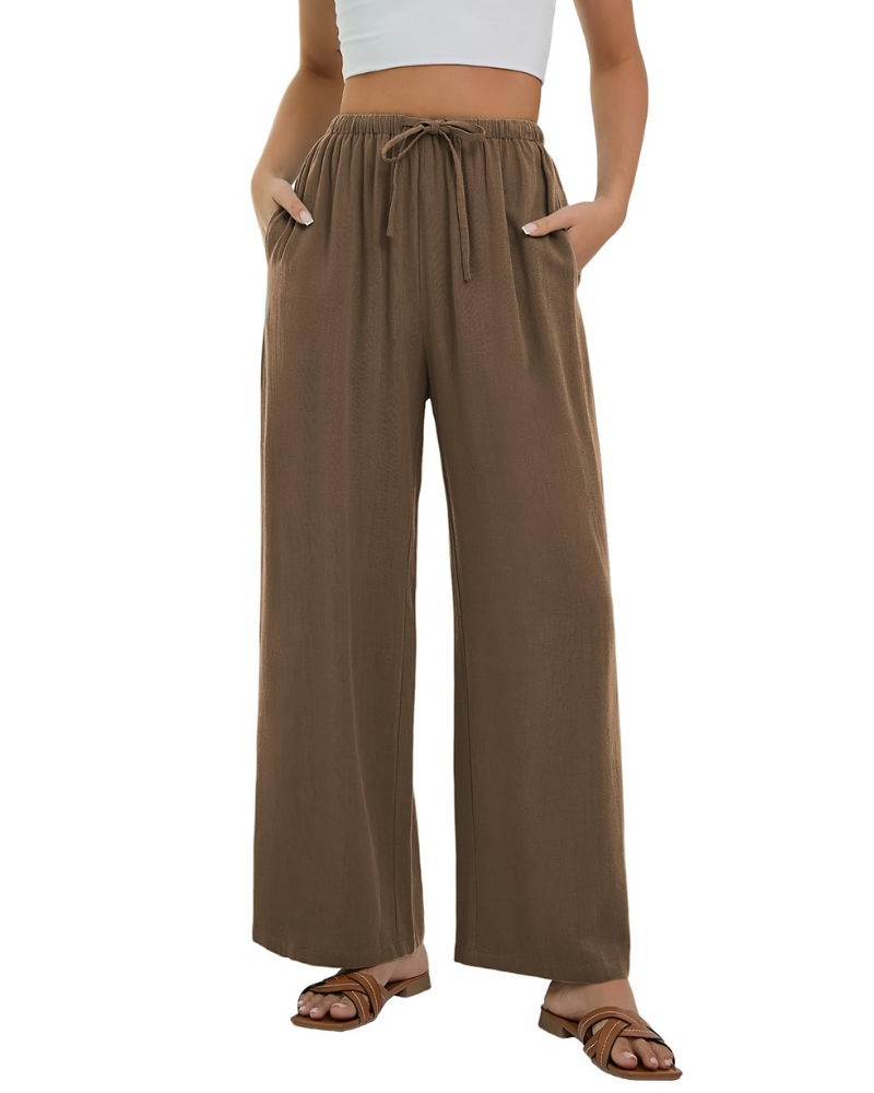 Lola Pantalón Palazzo Mujer – Estilo Lino con Cintura Alta, Cordón y Bolsillos