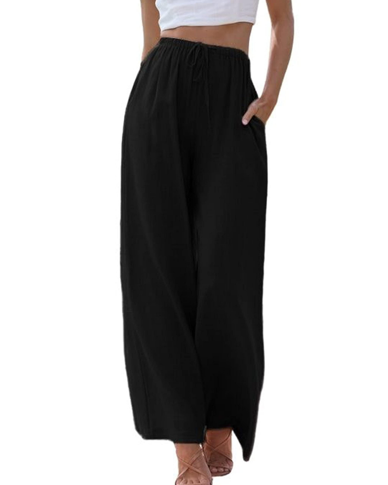 Gemma Pantalón Lino Mujer – Pierna Ancha con Cintura Elástica y Bolsillos