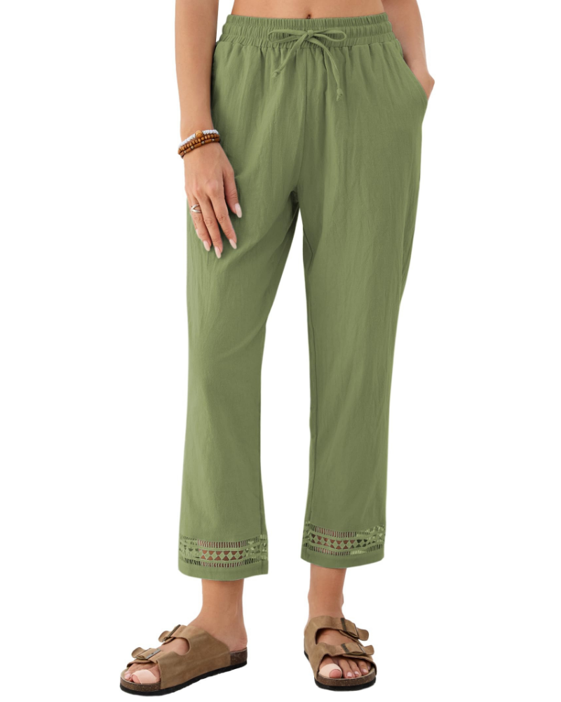Hazel Pantalón Mujer – Lino, Pierna Ancha, Cintura Ajustable y Encaje
