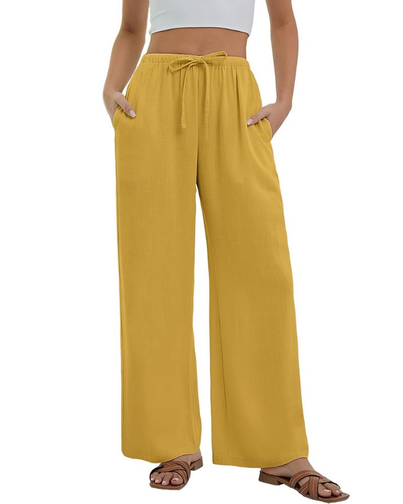 Lola Pantalón Palazzo Mujer – Estilo Lino con Cintura Alta, Cordón y Bolsillos