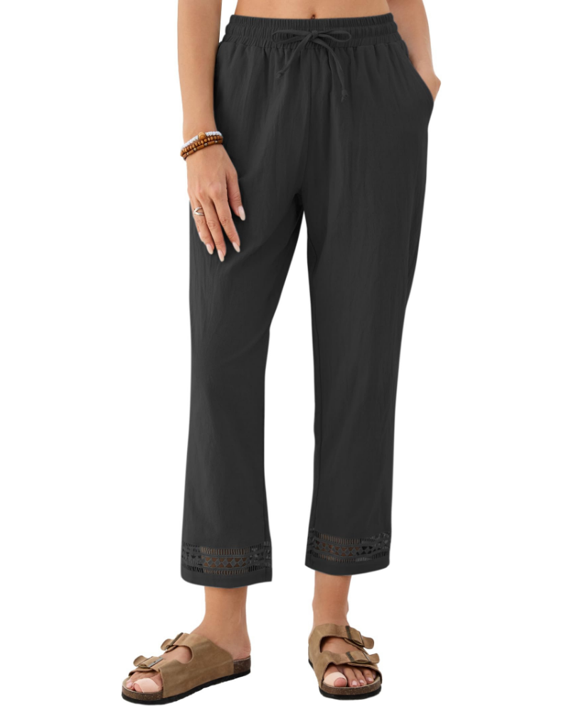 Hazel Pantalón Mujer – Lino, Pierna Ancha, Cintura Ajustable y Encaje