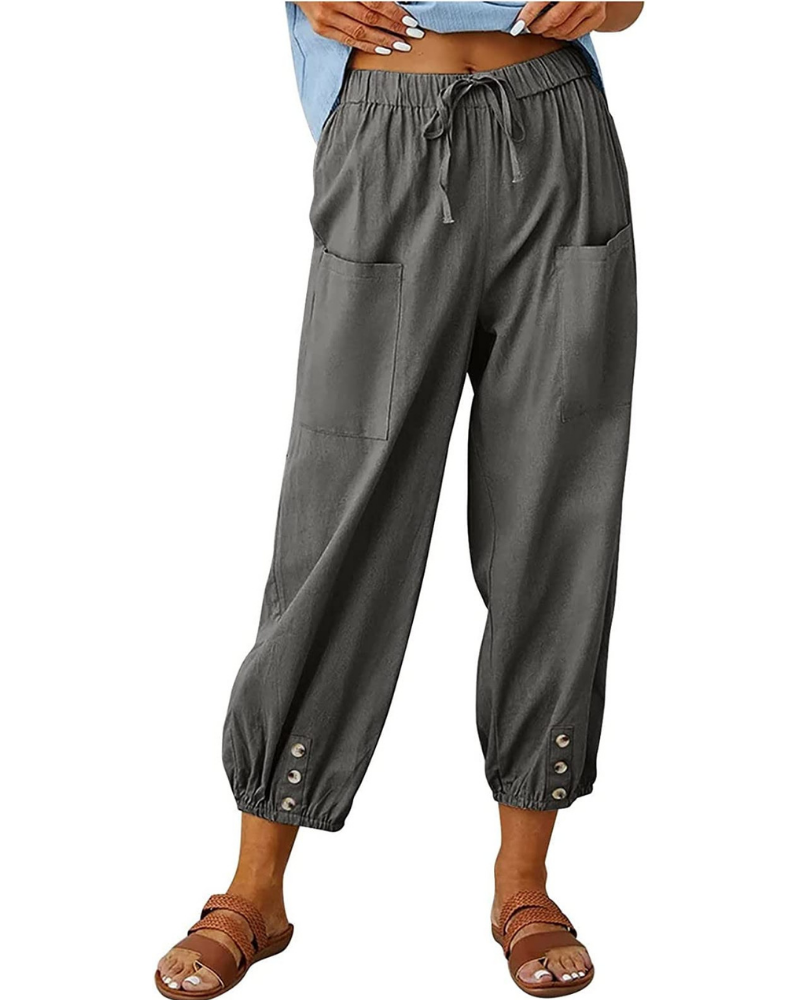 Hailey Pantalón 7/8 Mujer – Estilo Lino con Pierna Ancha y Detalle de Botones