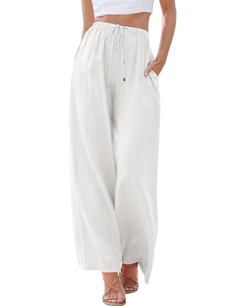 Gemma Pantalón Lino Mujer – Pierna Ancha con Cintura Elástica y Bolsillos