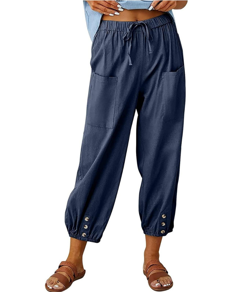 Hailey Pantalón 7/8 Mujer – Estilo Lino con Pierna Ancha y Detalle de Botones