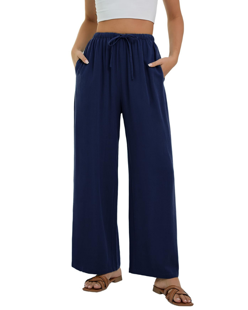 Lola Pantalón Palazzo Mujer – Estilo Lino con Cintura Alta, Cordón y Bolsillos