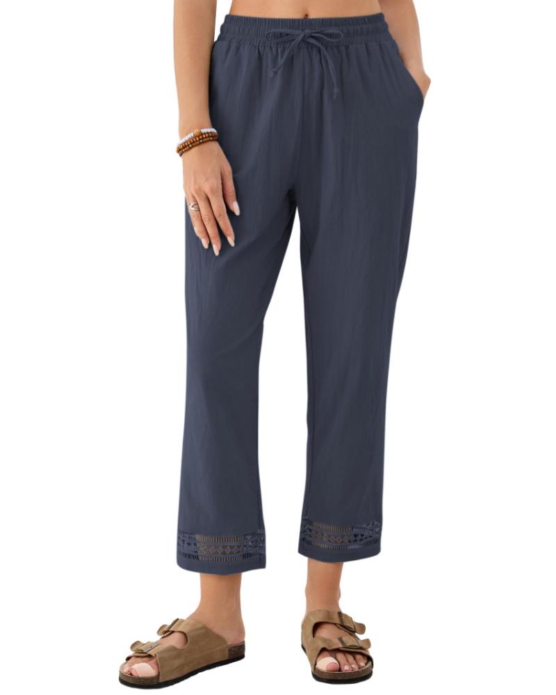 Hazel Pantalón Mujer – Lino, Pierna Ancha, Cintura Ajustable y Encaje