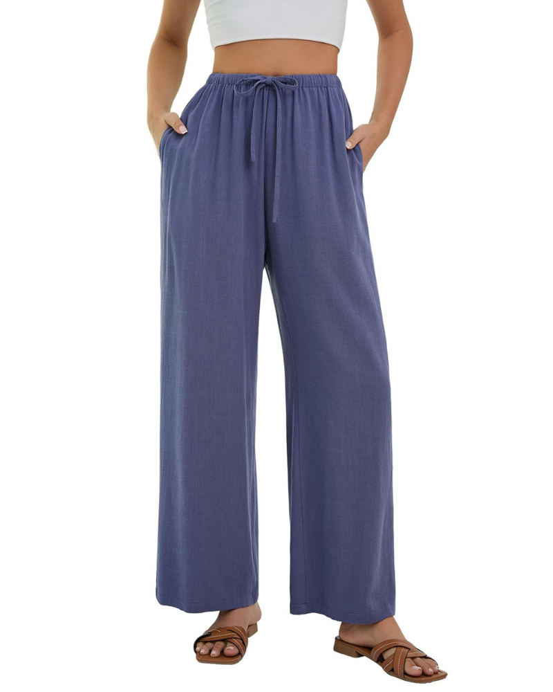 Lola Pantalón Palazzo Mujer – Estilo Lino con Cintura Alta, Cordón y Bolsillos