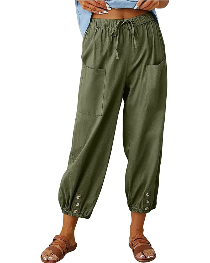 Hailey Pantalón 7/8 Mujer – Estilo Lino con Pierna Ancha y Detalle de Botones