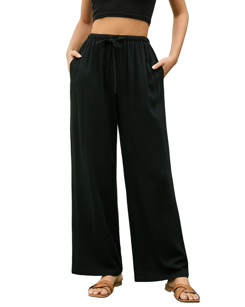 Lola Pantalón Palazzo Mujer – Estilo Lino con Cintura Alta, Cordón y Bolsillos