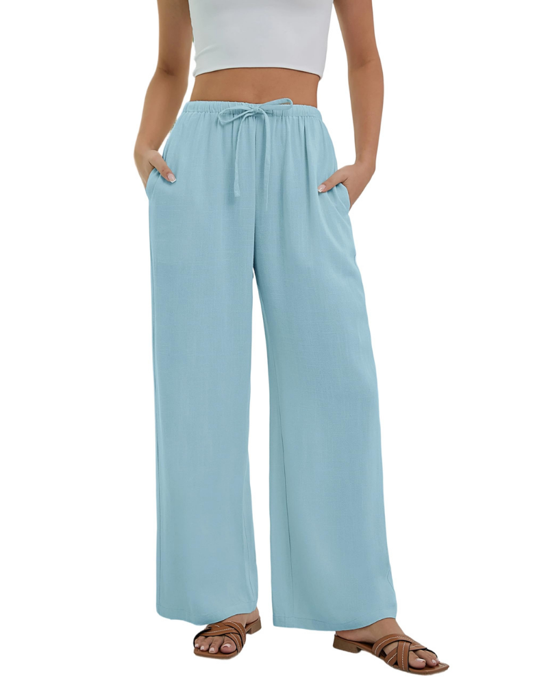 Lola Pantalón Palazzo Mujer – Estilo Lino con Cintura Alta, Cordón y Bolsillos