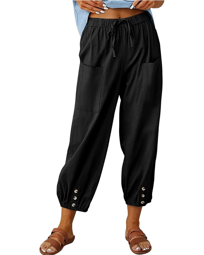 Hailey Pantalón 7/8 Mujer – Estilo Lino con Pierna Ancha y Detalle de Botones